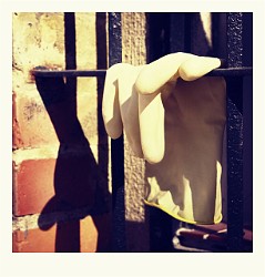 rękawiczka  Jeśli zdaje ci się, że okna sąsiadów są brudne - umyj swoje. Renata Szuman-Fikus : rękawiczka, krata, mur, cegły